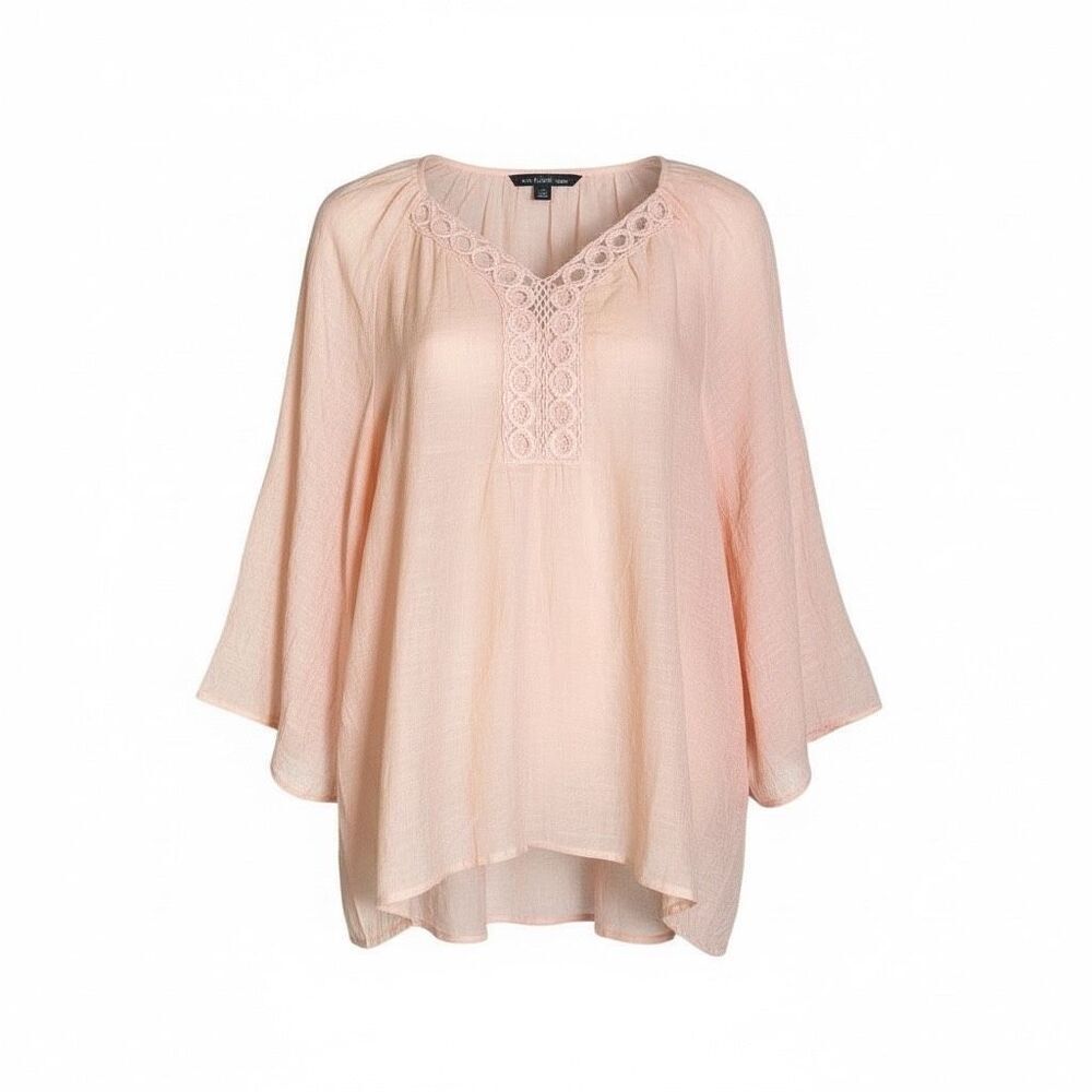 Zac & Rachel Crochet Trim V-Neck 3/4 Sleeve Gauze Blouse Top Peach Size 1X